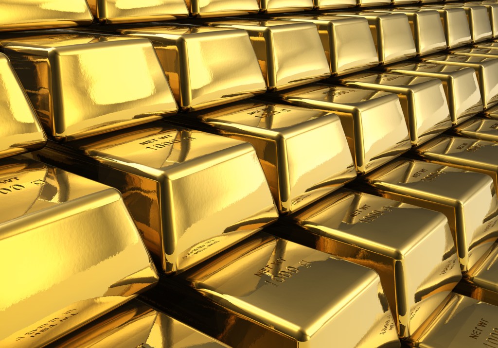 Macro view of the rows of gold bars